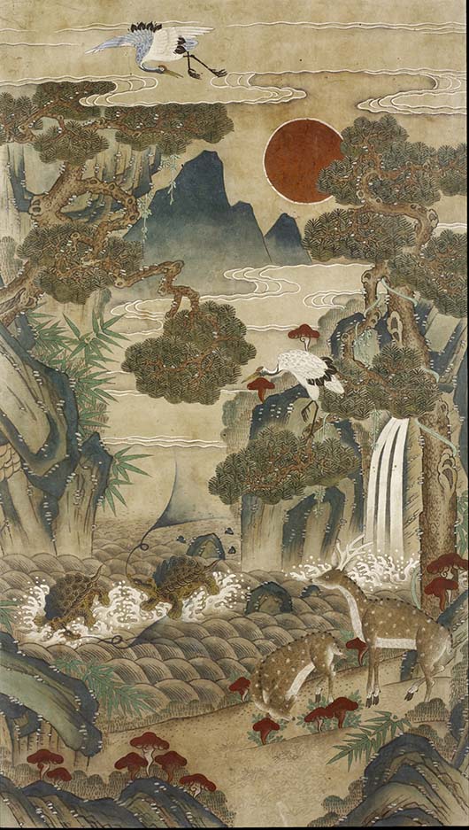 Ten Longevity Symbols, 19th century. Artist/maker unknown, Korean. Ink and colors on paper; framed, 57 × 35 1/2 inches (144.8 × 90.2 cm). Philadelphia Museum of Art, Purchased with the James and Agnes Kim Fund for Korean Art Acquisitions, 2009.